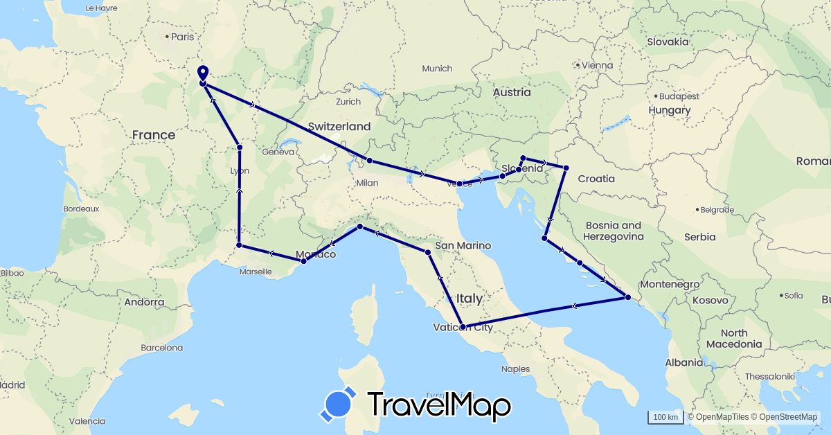 TravelMap itinerary: driving in France, Croatia, Italy, Slovenia, Vatican City (Europe)